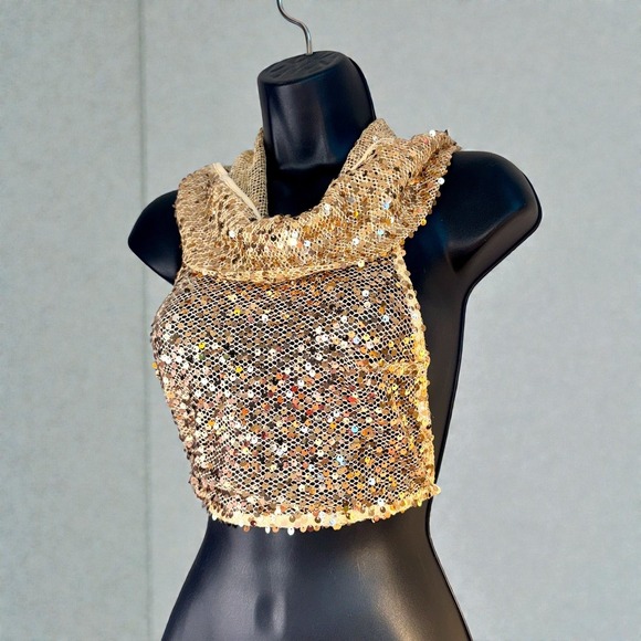 New Small Gold Sequin Cowl Neck Crop Top Festival Rave Glam Sheer Backless - Picture 5 of 7